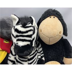 Four large Nici plush toys, comprising of two 'I love Ferrari' horses, with baseball hats, zebra and a black sheep, largest example H115cm 