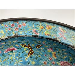 18th/19th century Chinese Canton enamel basin, the circular basin with flat everted rim, decorated with scrolling foliate and fruit decoration on a blue ground, D43cm