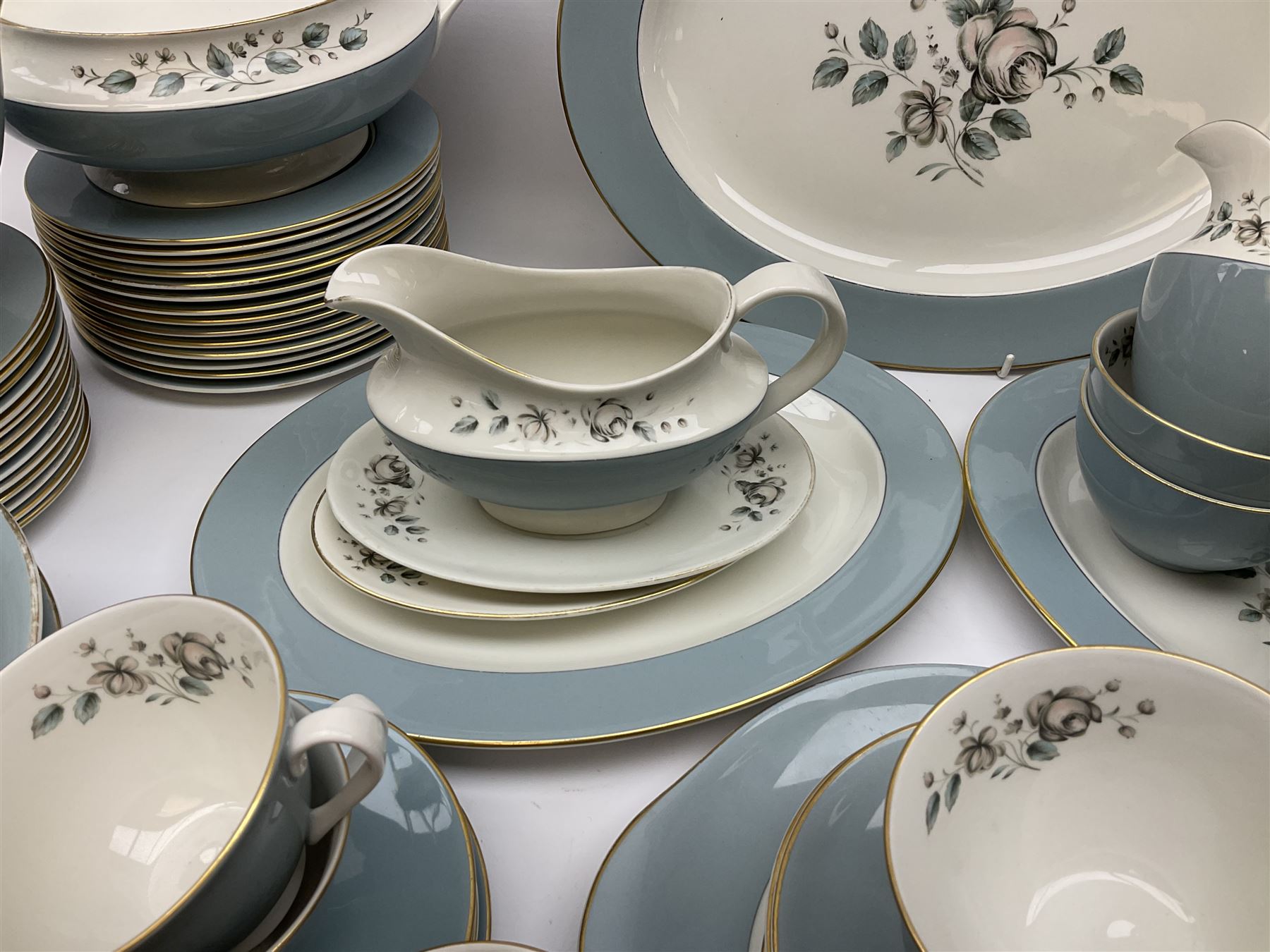 Royal Doulton Rose Elegans pattern tea and dinner wares, to include teapot, fourteen cups and saucers, two milk jug, cream jug, two sucriers, two covered serving dishes, serving platter, etc (98+)