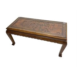 Chinese design hardwood coffee table, rectangular inset top carved with traditional scenes, carved and shaped apron, ball and claw feet