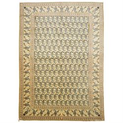 Central Persian Kashan hand-knotted carpet, ivory field densely decorated with all-over re...