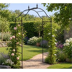 Antique wrought iron strapwork garden arch, with scroll form arched top with spearhead fin...