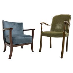 20th century beech framed open armchair (W53cm, H90cm); small stained beech open armchair (W57cm, H69cm); 19th century carved oak spinning chair; and a lightwood two-tier stand (4)