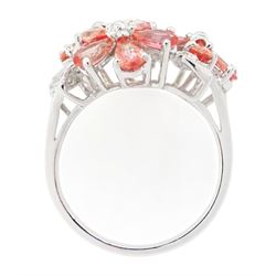 18ct white gold padparadscha sapphire flower head ring, three flower heads, each set with five pear cut sapphire petals, Birmingham 2006, total sapphire weight approx 2.65 carat