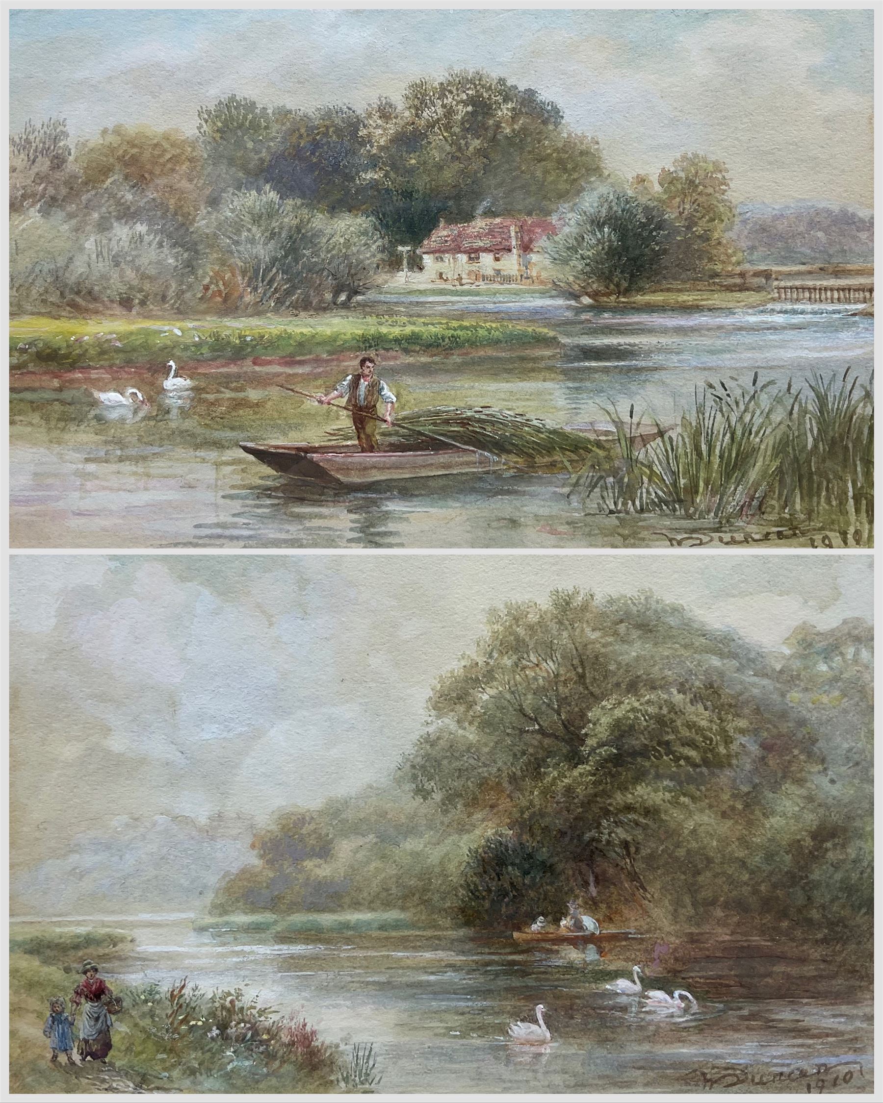 Walter Duncan (British 1848-1932): 'Clevedon Woods on the Thames' and 'The Rush Boat - Pangbourne on the Thames', pair watercolours signed and dated 1910, titled in a later hand verso 13cm x 18cm (2)