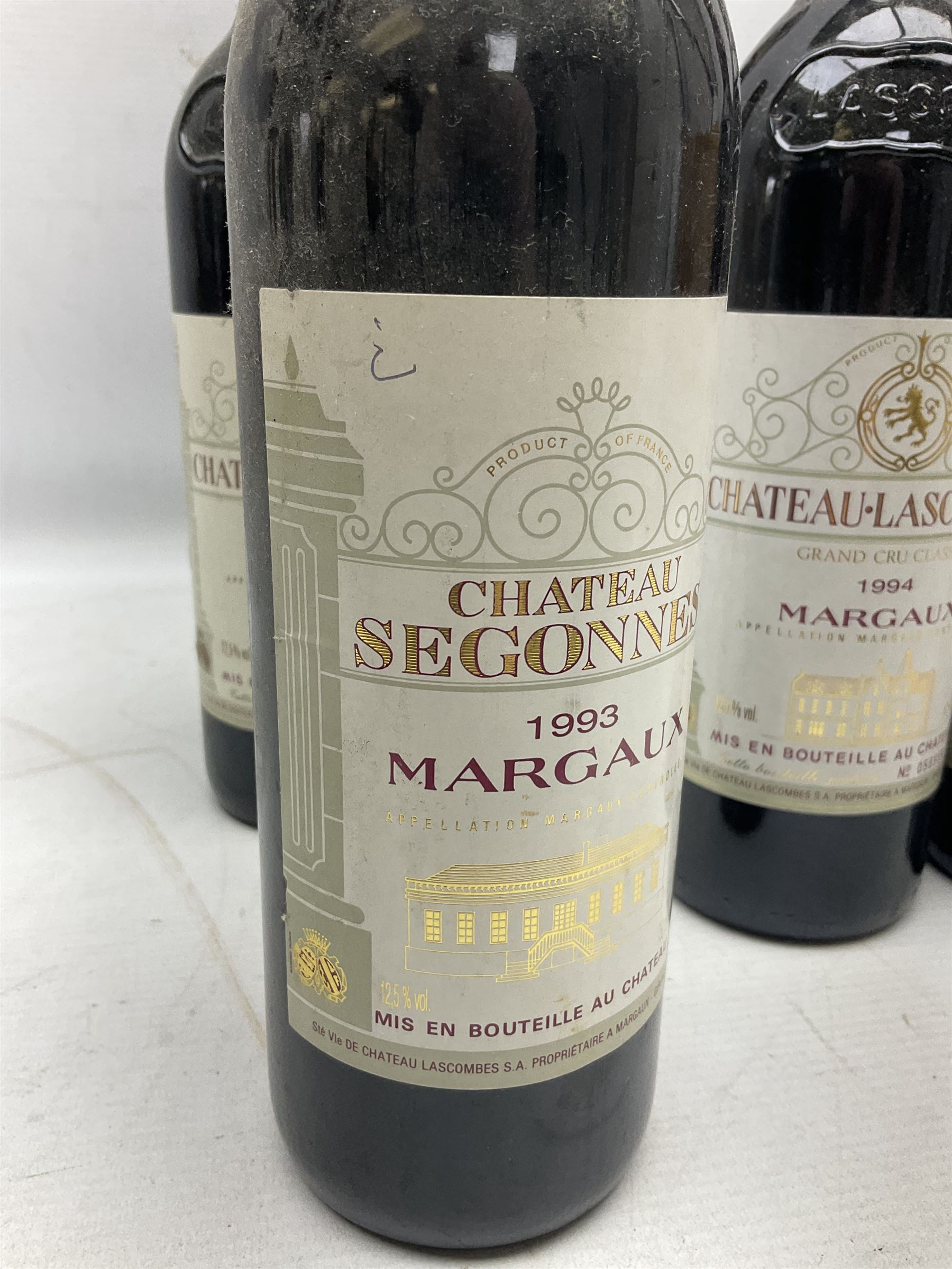 Chateau Lascombes, Margaux, comprising the years 1988, 1989, 1990, 1994 and 1995, 750ml 12.5% vol, together with Chateau Segonnes, 1993 Margaux, 750ml 12.5% vol (6)