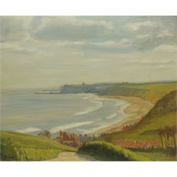 J Burton (British 20th century): Whitby from Lythe Bank, oil on board signed 49cm x 59cm; William Shone (British 20th century): 'Autumn Morning Cray Wharfedale', oil on board signed, titled verso on artist's studio label 49cm x 59cm (2)