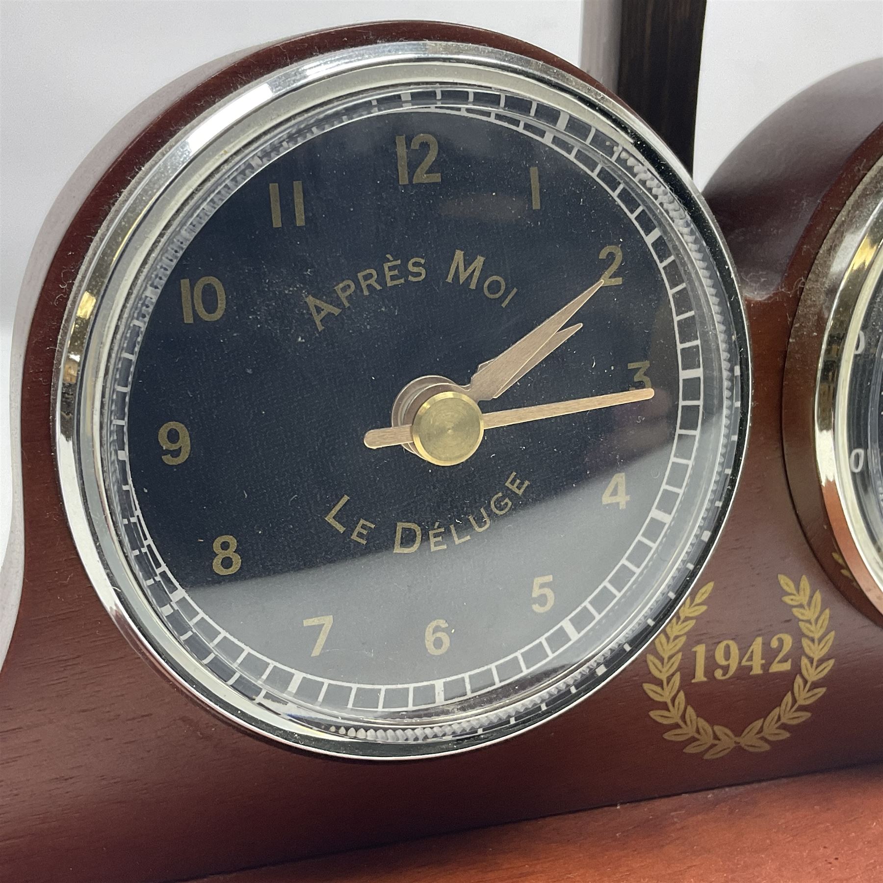 Bradford Exchange 70th Anniversary Lancaster Desk Clock/Barometer; wing span 24cm; with certificate; Corgi Forward March Somme Trench Scene 'Another Day in Hell'; limited edition of 500 with certificate; cased pen handcrafted from a section of oak wood from Messines Ridge (bunker wood prop support); limited edition No.1/6 with certificate; and boxed Bletchley Park souvenir paperweight (4)