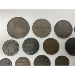 Thirty six late 18th century and onwards United Kingdom and World coins and tokens, to include 1772 Catherine II 5 Kopecks, Swedish quarter and half Skilling pieces dated 1809 and 1806, two Skilling Courant piece dated 1810, 1831 Isle of Man half penny token etc 