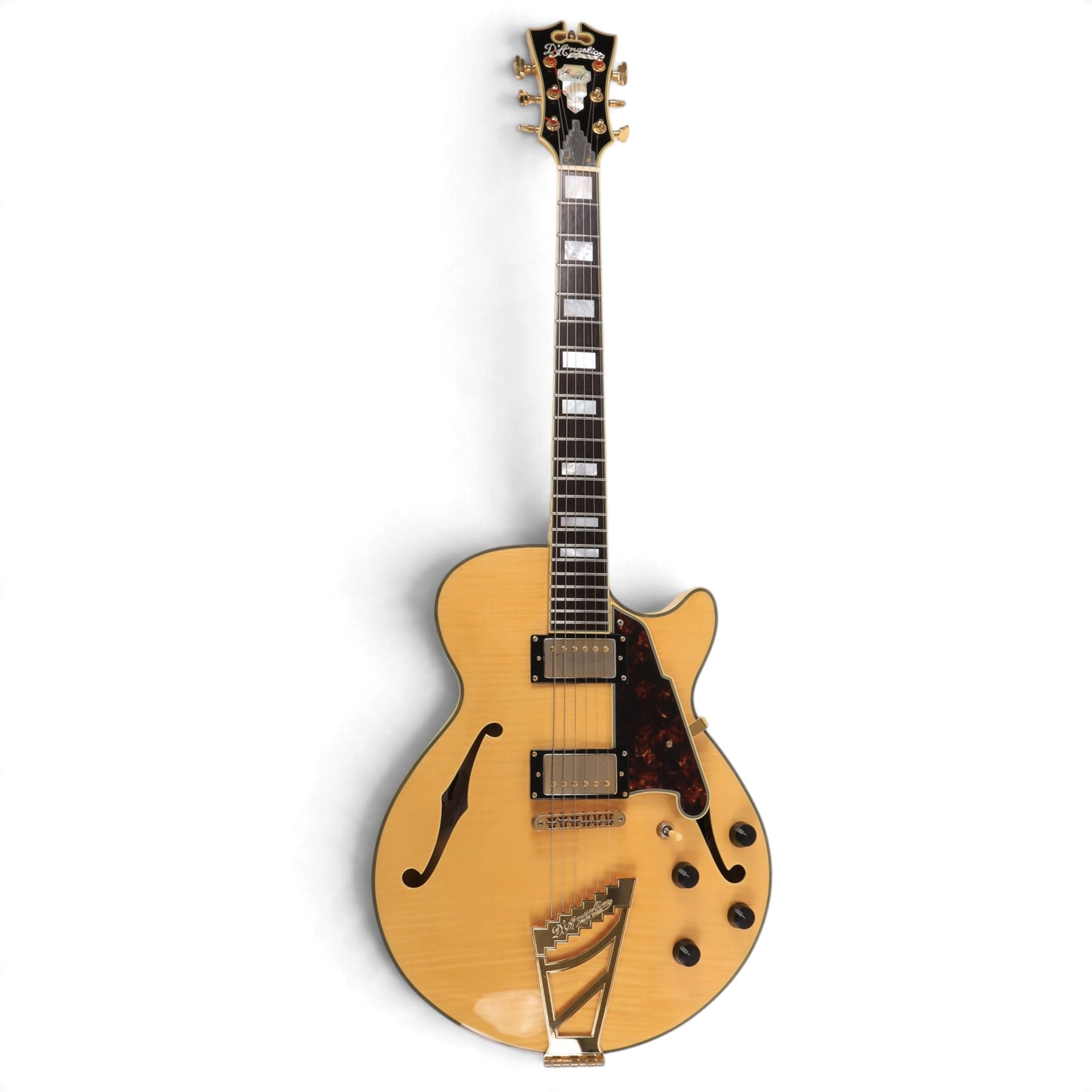 D'Angelico Excel SS electric guitar, with semi-hollow body in amber finish, serial no. US15070189, in D'Angelico hard case, guitar L105cm