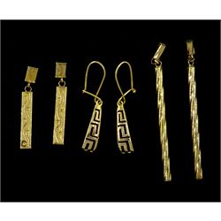 Two pairs of 9ct gold pendant earrings and a pair of 14ct gold key design pendant earrings