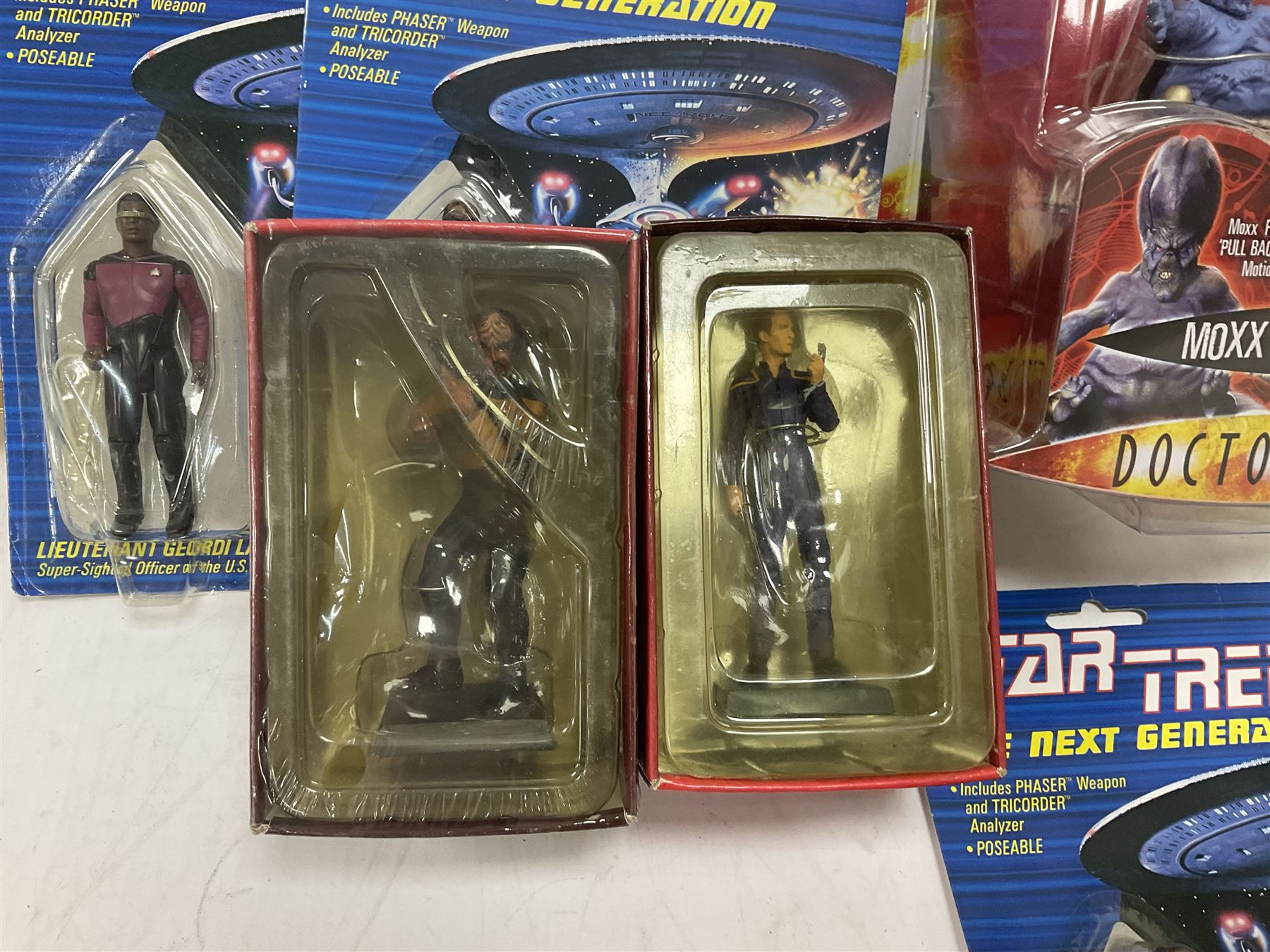 Star Trek - Eaglemoss Official Starships Collection three unopened issue No.1 and Issue No.2; five boxed Fabbri metal figures; and four carded action figures; together with Dr. Who - Eaglemoss Official Figurine Collection unopened Issue No.1; Dr. Who Monster Invasion parts 2 & 3, both unopened; four Dapol carded Dr. Who action figures and two others.