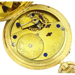 Edwardian 18ct gold half hunter keyless lever pocket watch by Manoah Rhodes & Sons Ltd, Bradford, No. 14478, white enamel dial with Roman numerals and subsidiary seconds dial, back case with engraved monogrammed initials, case makers mark JG, London 1905