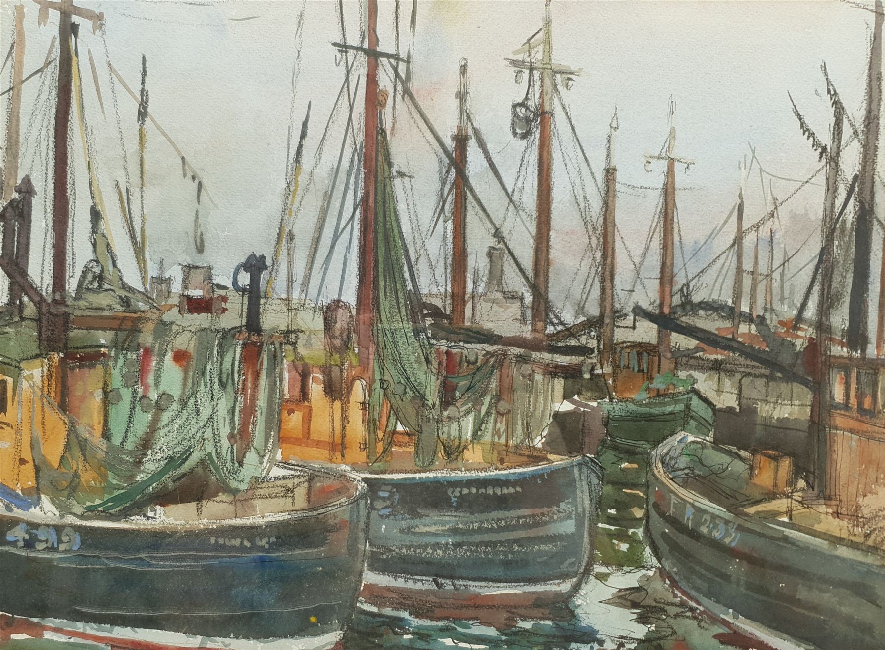 Robert Hardie Condie (Scottish 1898-1981): 'Masts and Nets Fraserburgh', mixed media signed, titled on gallery label verso 31cm x 42cm