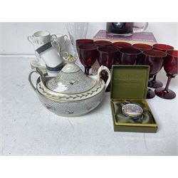 Twin handled sucrier with cover, in the manner of Thomas Grainger for Royal Worcester, together with Wedgwood Medina pattern coffee cans and saucers, a set of ten ruby glasses and a Wedgwood cameo glass tankard etc