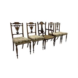 Set four Edwardian rosewood chairs, inlaid with stylised foliate decoration, upholstered seat on turned front supports; and a similar period carved armchair (5)