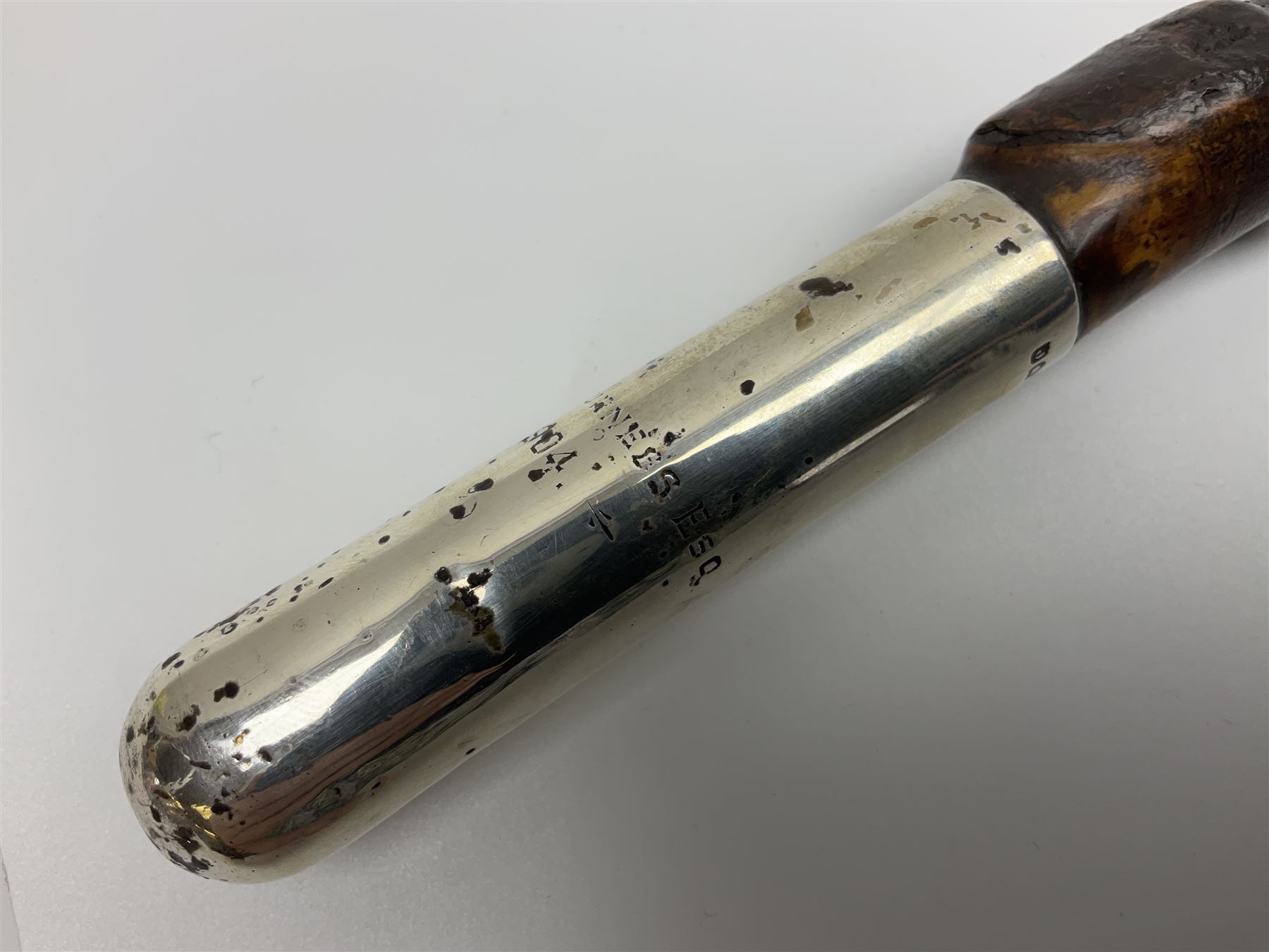 Victorian trap/coaching whip, principally in blackened thorn wood, with a silver cap engraved 'Marmaduke Furness Esquire Nov 1st 1904', hallmarked London 1900, makers mark AC, L173cm 