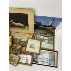 Various pictures and prints to include etching of recumbent dog, other framed animal pictures, river landscapes in gilt frames signed 'N.W', other landscapes etc

