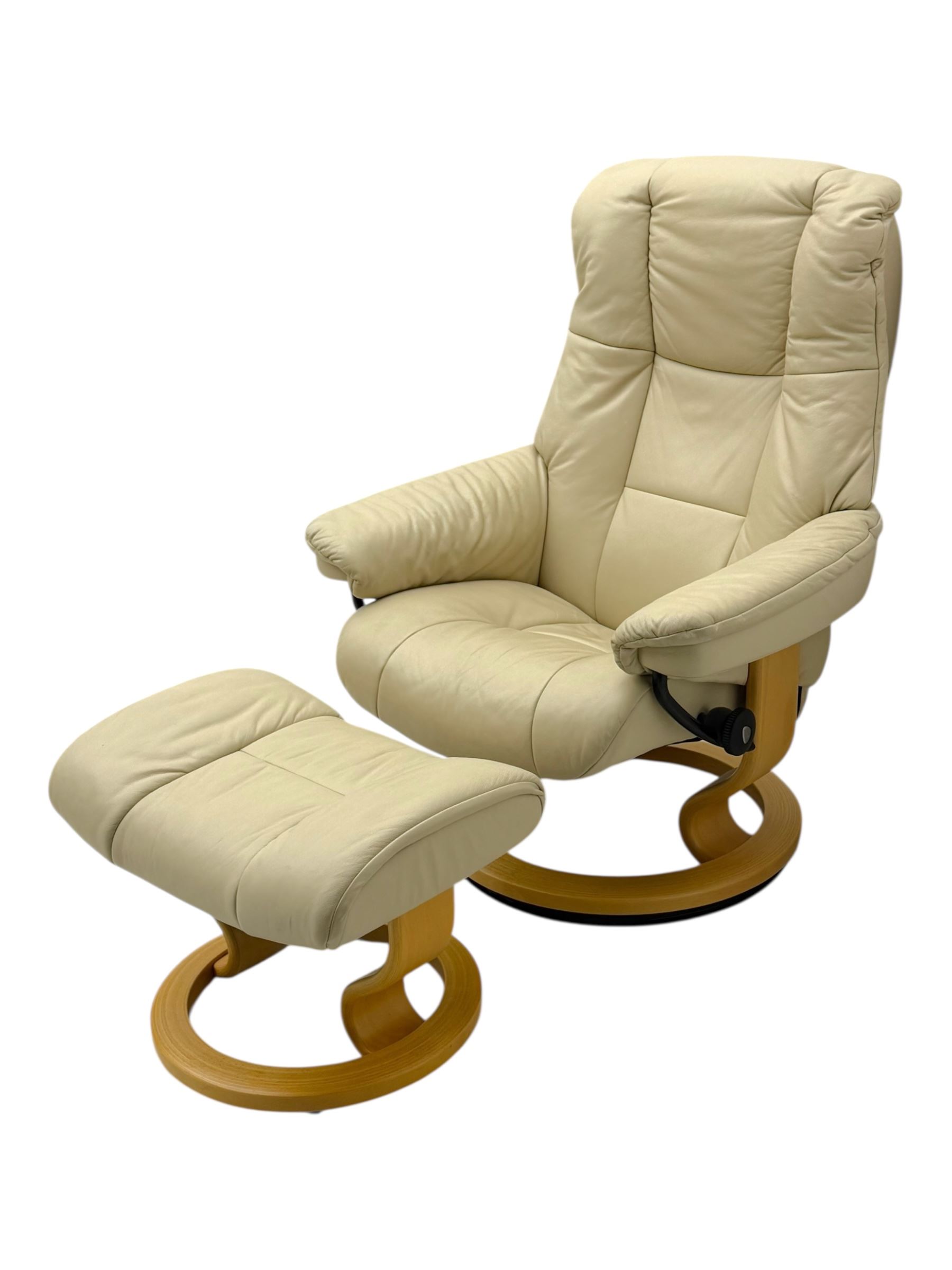 Stressless - armchair and footstool upholstered in beige leather, recliner with swivel base 