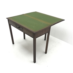 Georgian mahogany fold-over card table, single drawer, square reeded supports, W92cm, H73cm, D90cm