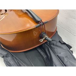 Modern Hungarian student's three-quarter size cello with 69cm two-piece maple back and ribs and spruce top, bears label 'Made in Hungary', L112cm overall; in soft carrying case