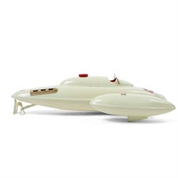 Sutcliffe Models tinplate clockwork 'Bluebird' speedboat, in red and cream livery with metallic gold details and applied decals, with key, boxed