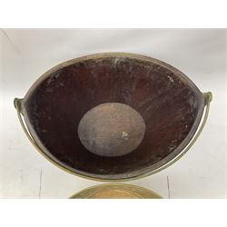 Georgian brass banded mahogany coal bucket, of oval form having brass coopered barrel type bands, swing handle atop and inset brass bucket