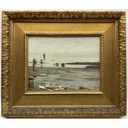 Frederick William Jackson (Staithes Group 1859-1918): 'The Harvest of the Sea', oil on canvas board signed and dated 1887, original title label verso with artist's Oldham address 24cm x 32cm