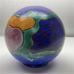 Clarice Cliff Bizarre for Newport Pottery Inspiration Tresco pattern vase, the body of shape 370 globe form painted in yellow, orange, pink, purple, green and blue with stylised island and sea related motifs such as scales and seaweed, with painted and impressed marks beneath, H15cm