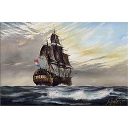 Peter Gerald Baker (British 20th century): 'D'Batavaise Eeuw - Dutch East India Man 1719 in Strong Winds and Good Atlantic Swill Makes Her Way to Trade in the East Indies', oil on canvas signed and dated 1980, 50cm x 75cm