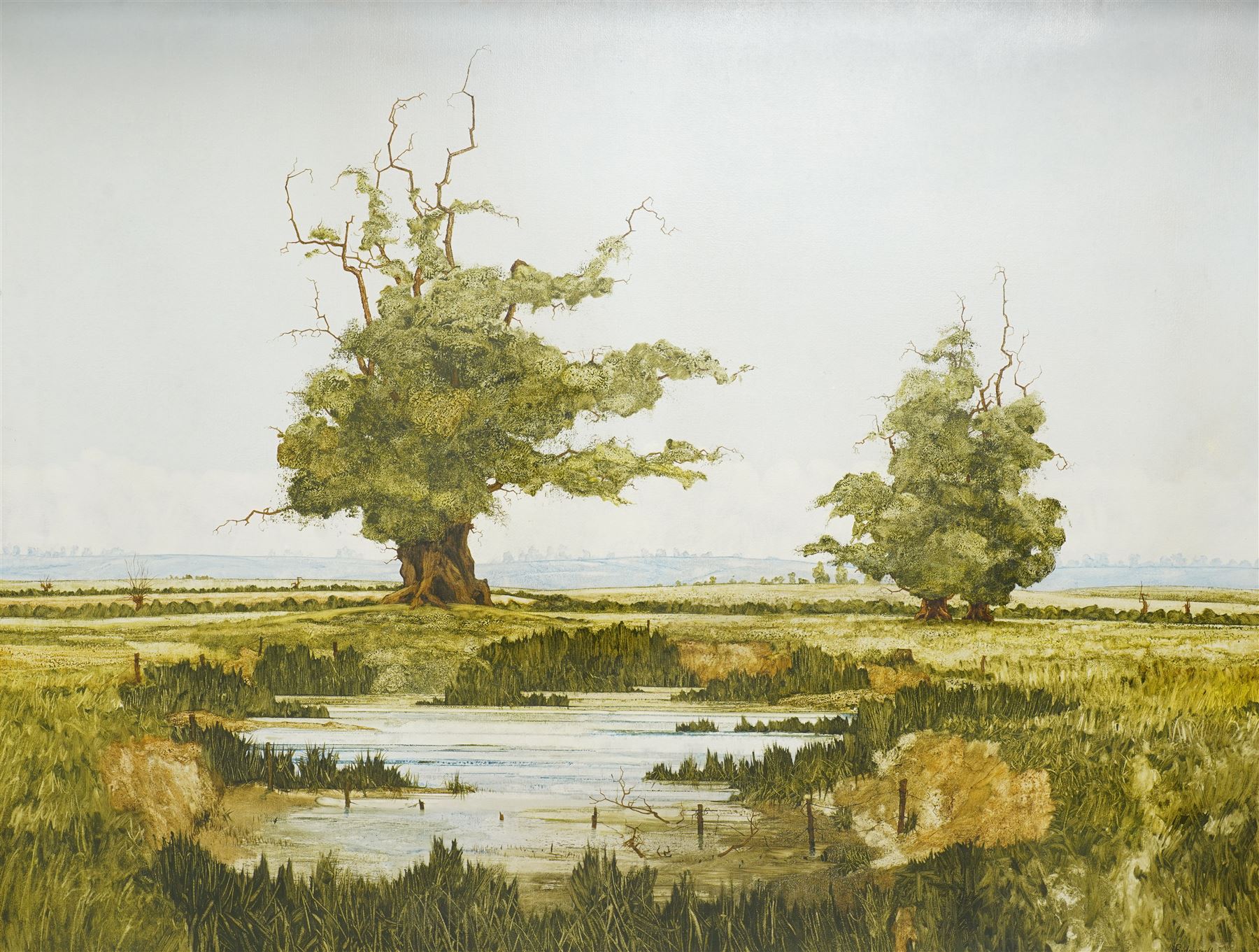 John Ridgewell ARCA (British 1937-2004): Pollarded Trees and Pond, oil on canvas signed and dated '68, 85cm x 110cm