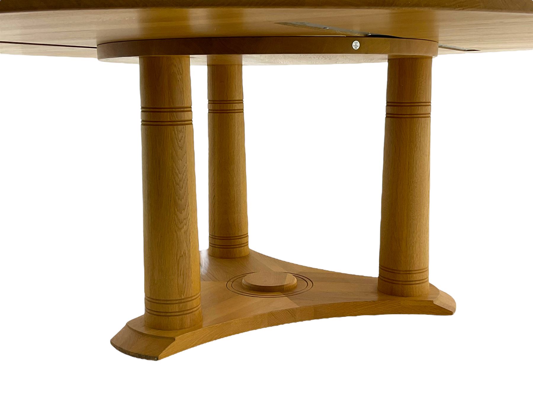 Chris Berry for Berrydesign - contemporary bespoke solid light oak dining table, circular top over ring turned triple pedestal with triform base