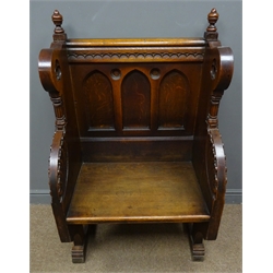  19th century Gothic revival single oak pew, finials above arched panelled black, shaped sides pierced with trefoil motifs and carved with foliage, sledge feet, W69cm, H119cm, D45cm  