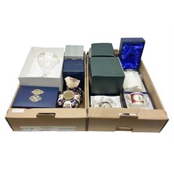 Mason's Ironstone Penang jug and Penang petit Tokyo vase, Moser clear glass vase etched with stylised flowers, Spode limited edition Mulberry Hall commemorative cup, limited edition Coalport Mulberry Hall loving cup, Royal Wedding glass presentation goblet etc, all boxed, in two boxes
