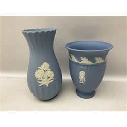 Wedgwood pale blue Jasperware, to include a pair of tulip vases, large vase with fluted rim, trinket dishes, trinket box etc, together with Wedgwood miniature hanging decoration in the form of a tea set 