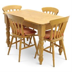 Late 20th century pine farmhouse dining table, rectangular top raised on turned legs, together with a set of matching spindle-back chairs with padded seats