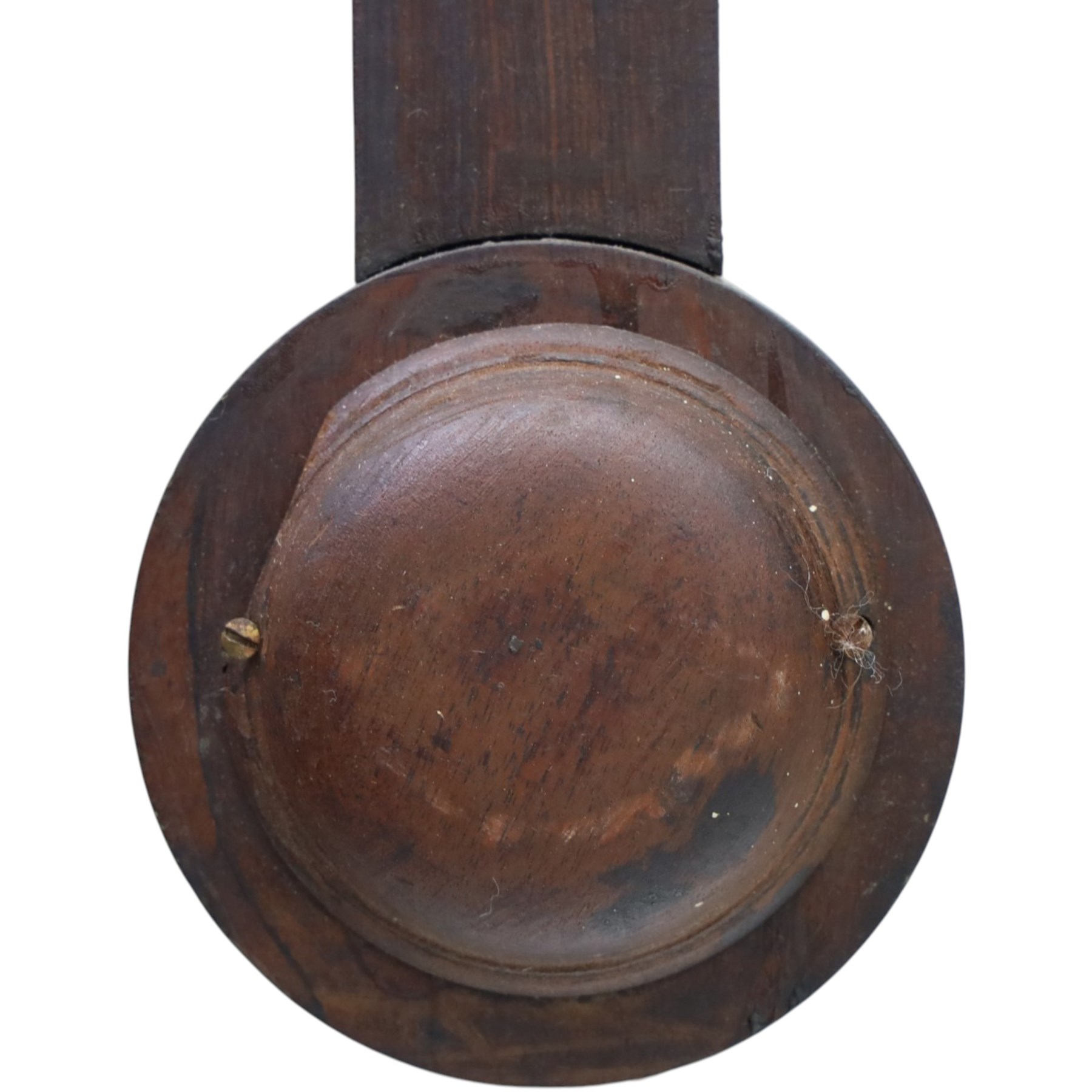 Victorian mahogany mercury stick barometer, the arched glazed register with weather indications and adjustable vernier, above a glazed thermometer and circular cistern cover, H 95cm