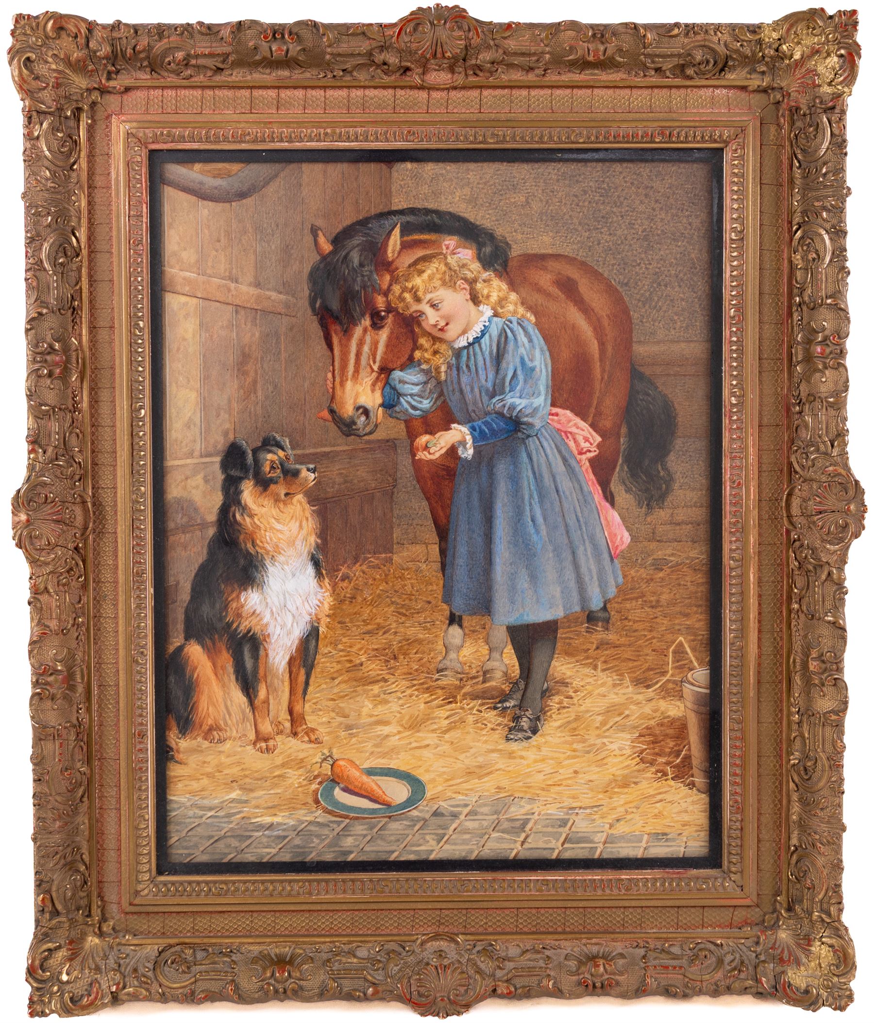 Augustus Jules Bouvier (French/British 1827-1881): 'A Treat for the Pony', watercolour possibly signed beneath the mount, titled on The Carroll Galleries label verso 41cm x 32cm