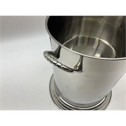 Lois Roederer champagne bucket of cylindrical form with twin handles, marked Lois Roederer monogram and detailed ‘Louis Roderer Fonde en 1776’, H24 D18cm
