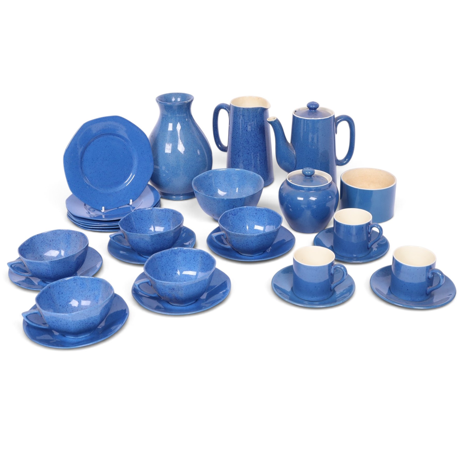 Moorcroft Powder Blue part coffee set, comprising coffee pot, two sucrier, jug, three coffee cans and saucers, together with a vase in the same colourway, together with Adderley tea set in a similar colour way