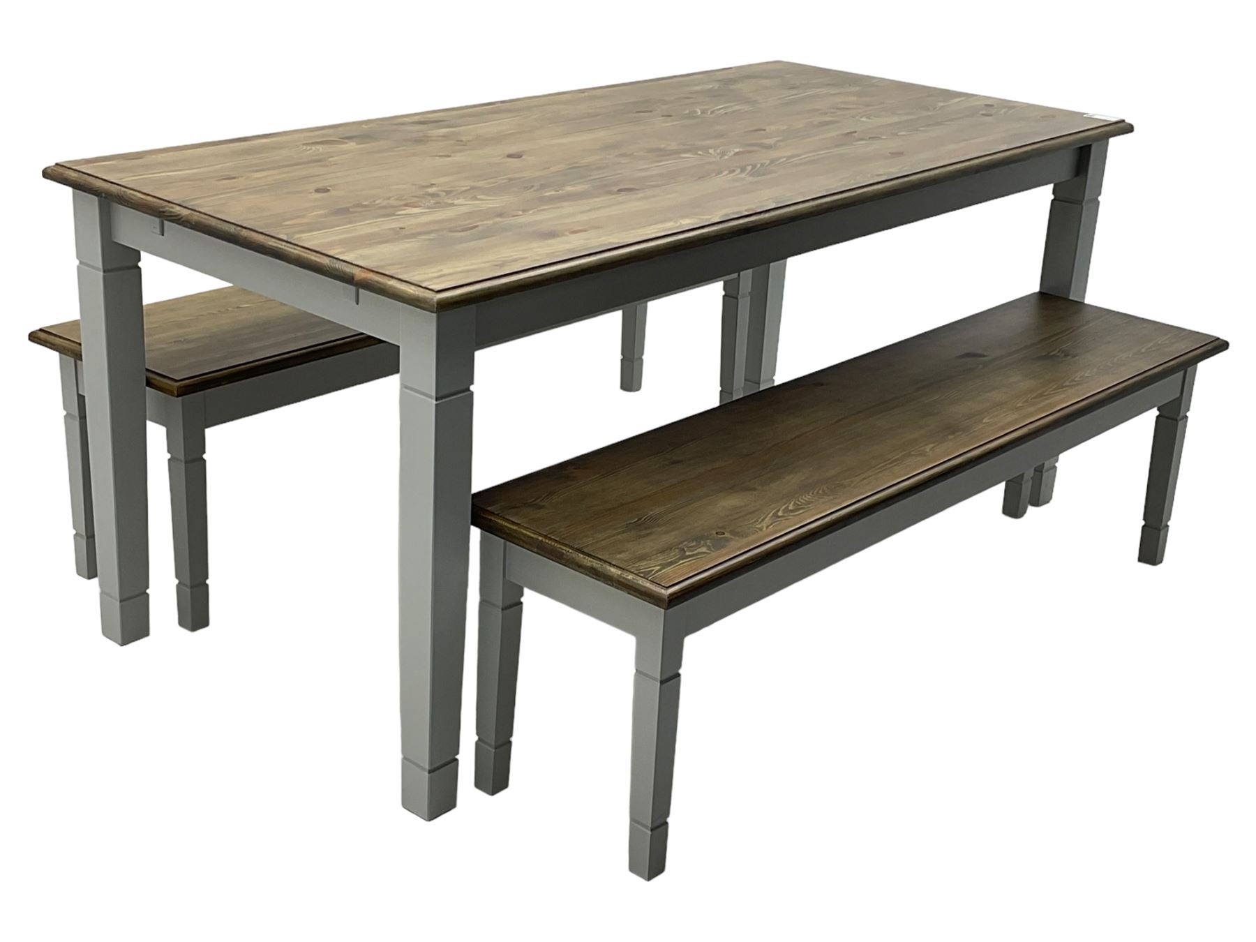 Pine kitchen dining table, rectangular moulded top on painted base, square tapering supports (180cm x 85cm, H78cm); and two matching benches 