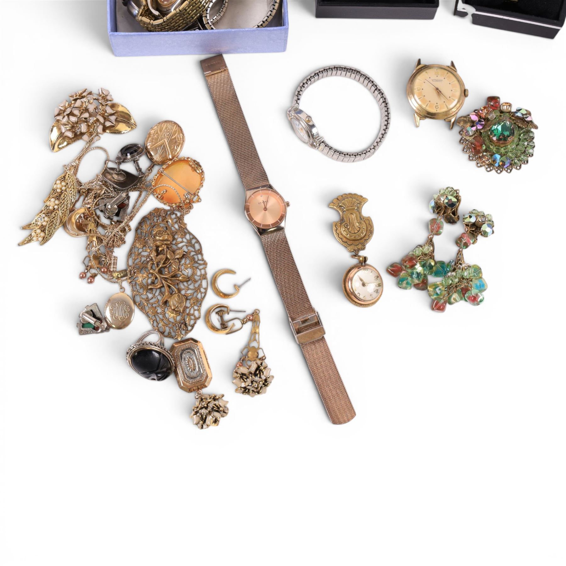 Collection of wristwatches and costume jewellery, including gold filled Bulova, Raymond Weil etc