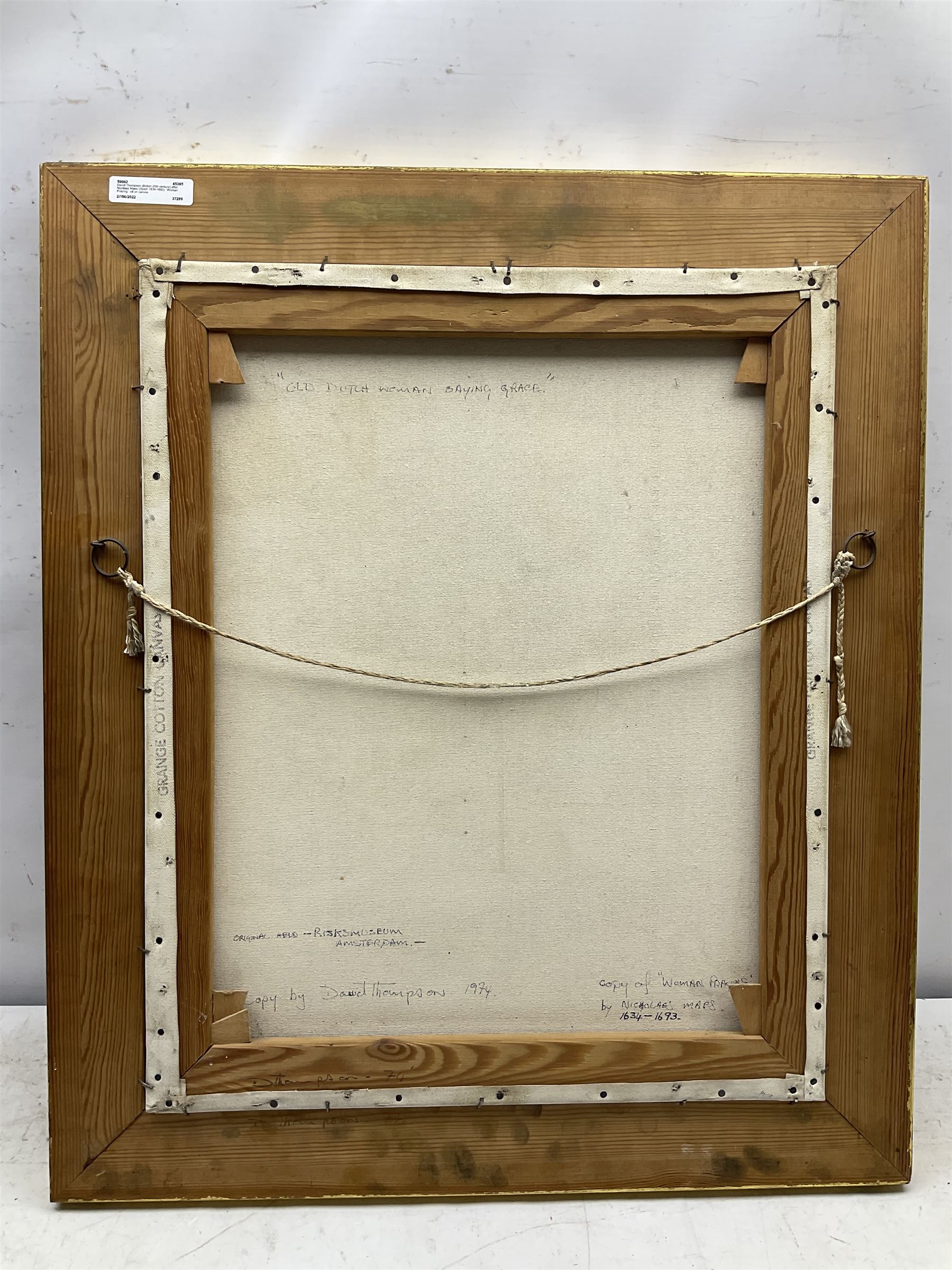 David Thompson (British 20th century) after Nicolaes Maes (Dutch 1634-1693): 'Old Dutch Woman Saying Grace', oil on canvas after the original housed in the Rijksmuseum, signed titled and dated 1974 verso 54cm x 44cm