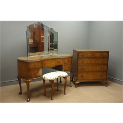  Mid 20th century figured walnut kidney shaped dressing table, three piece shaped mirror, five drawers on cabriole legs, upholstered stool, (W123cm, H73cm, D57cm) and matching four drawer chest (W74cm, H84cm, D50cm)  