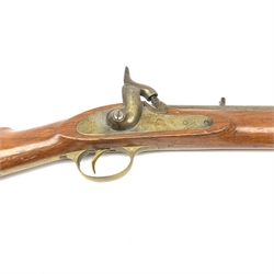 Indian style Enfield type smooth bore muzzle loading percussion cap musket, approximately 24-bore, full walnut stock with two bands and ramrod under L118cm overall