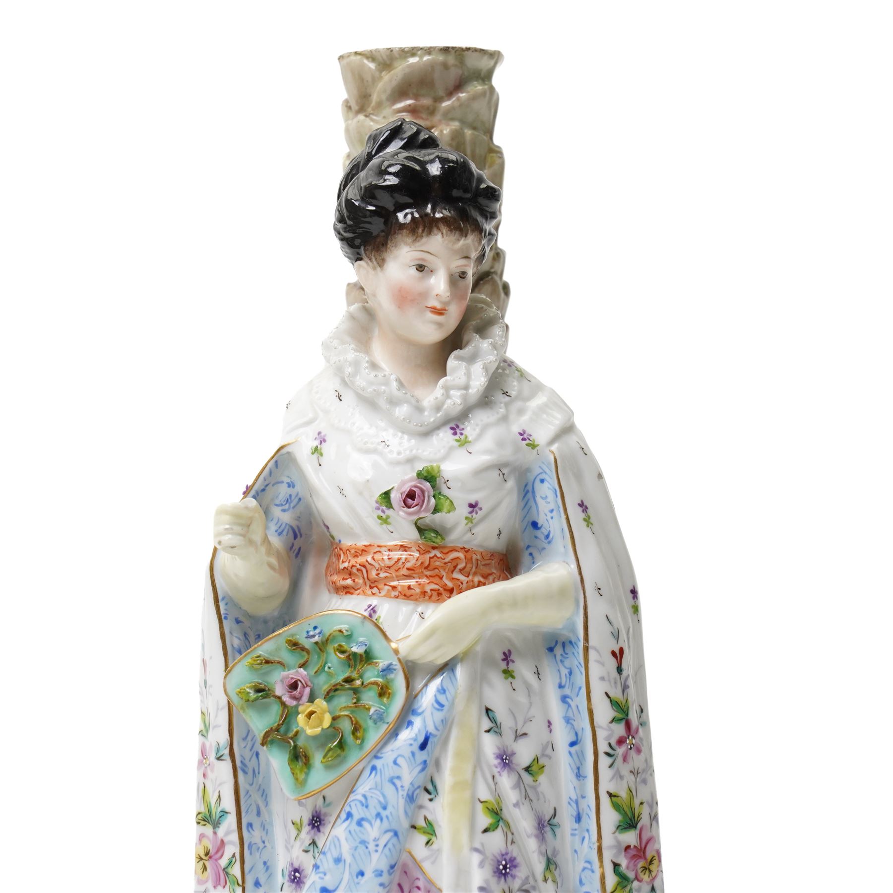 Pair of Ernst Bohne & Sohne Chinoiserie candlestick figures, impressed and faint blue anchor marks to bases, H27cm (2)