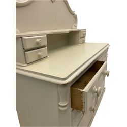 Victorian white painted pine chiffonier dresser, raised back with small drawers, fitted with single cupboard and three drawers