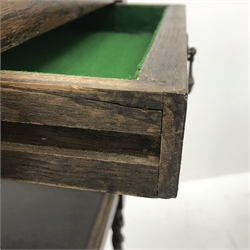 Early 20th century oak three tier trolley, single drawer, barley twist supports (W65cm, H81cm, D40cm) and an oak drop leaf table , barely twist supports (W99cm, H73cm, D68cm)