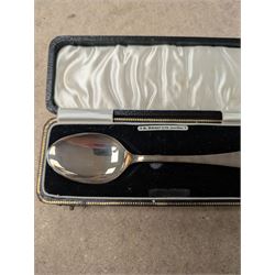 Scandinavian silver spoon, with long ship decoration to handle, stamped PGBB 925, together with a 830 standard Norwegian souvenir spoon, Christening spoon in case and a toasting fork, both hallmarked 