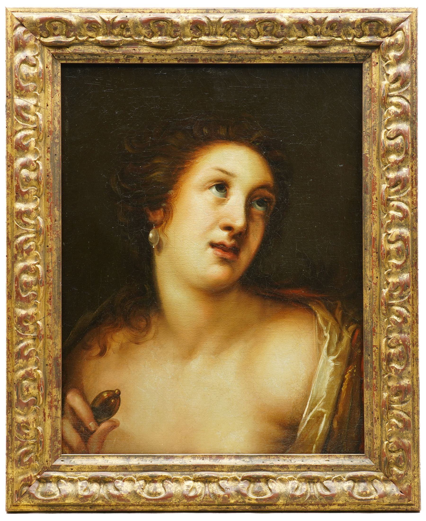 Follower of Gortzius Geldorp (Flemish 1553-1618): The Death of Lucretia, 18th century oil on canvas unsigned 48cm x 37cm
Notes: portrays the moment just before Lucretia's tragic suicide by dagger (note the hilt in her hand). The painting bears a remarkable similarity in composition to Geldop's Venus; additionally, the work also highlights the pearl earring of Lucretia, a signature inclusion of Gortzius to showcase wealth and symbolic elements. 